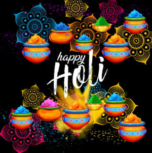 Happy Holi With Colorful Bowls And Flowers Wallpaper