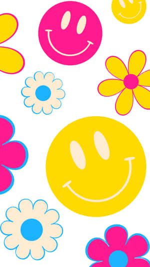 Happy Smiley Facesand Colorful Flowers Wallpaper