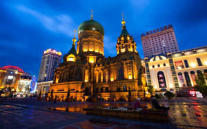 Harbin City Night Church Wallpaper