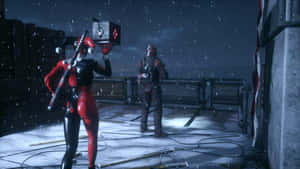 Harley Quinn Red Black Costume Snowy Rooftop Wallpaper