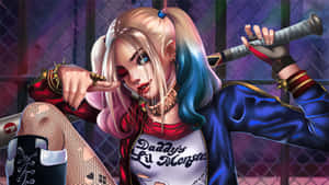 Harley Quinn Swinging Her Iconic Baseball Bat In Action Wallpaper