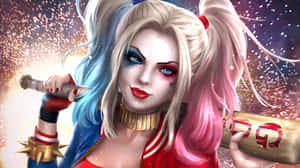 Harley Quinn Swings Her Iconic Baseball Bat In An Action-packed Scene Wallpaper