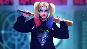 Harley Quinn Wielding Her Iconic Baseball Bat In Action Wallpaper