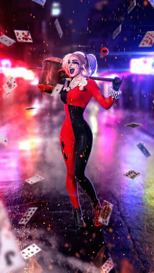 Harley Quinn Wielding Her Iconic Hammer In Action Wallpaper