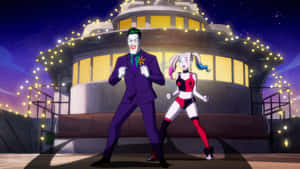 Harley Quinnand Joker Cartoon Night Scene Wallpaper