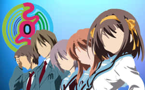 Haruhi Suzumiya And Her Friends From The Melancholy Of Haruhi Suzumiya Anime Series, Standing Together Under A Beautiful Sky Wallpaper