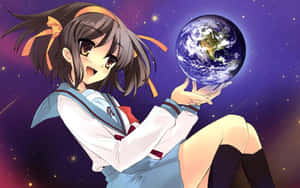 Haruhi Suzumiya Smiling In Anime Scene Wallpaper