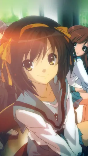 Haruhi Suzumiya Strikes A Dynamic Pose In A Stylized Background Wallpaper