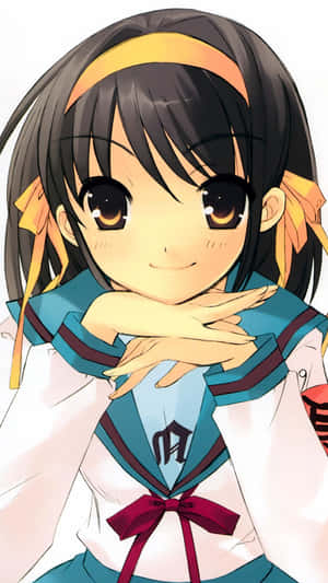 Haruhi Suzumiya Striking A Confident Pose On A Colorful Background Wallpaper