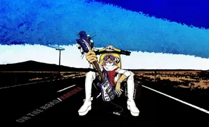 Haruko Haruhara Posing With Her Guitar In An Action-packed Scene Wallpaper