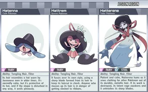 Hatenna, Hattrem, And Hatterene With Descriptions Wallpaper