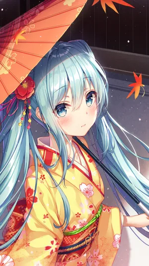 Hatsune Miku In Yellow Kimono Phone Wallpaper