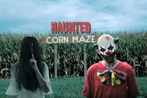 Haunted Corn Maze Entrancewith Scary Characters Wallpaper