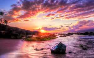 Hawaii Beach Mossy Rocks Sunset Wallpaper