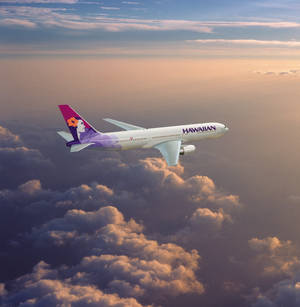 Hawaiian Airlines Plane Navigating On Golden Heaven Wallpaper