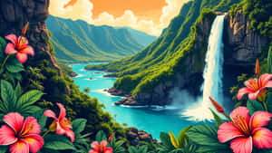 Hawaiian Tropical Waterfall Scene Wallpaper