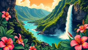 Hawaiian Tropical Waterfall Scene Wallpaper