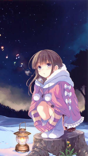 Hd Anime Phone Girl On Tree Stump During Winter Wallpaper