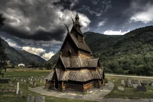 Heddal Stave Church Under Gloomy Sky Wallpaper