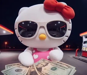 Hello Kitty Baddie With Cashat Gas Station Wallpaper