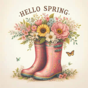 Hello Spring Floral Boots Wallpaper