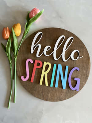 Hello Spring Wooden Signwith Tulips Wallpaper