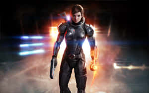 Heroic Femshep In Action - Mass Effect Wallpaper