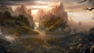 Hills Mountains Rivers Falls Painting Wallpaper