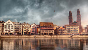 Historic Bern Riverfront Cloudy Sky Wallpaper