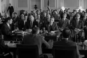 Historic Courtroom Scene Blackand White Wallpaper