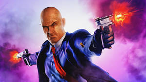 Hitman Full 4k Dual Pistols Purple Background Wallpaper