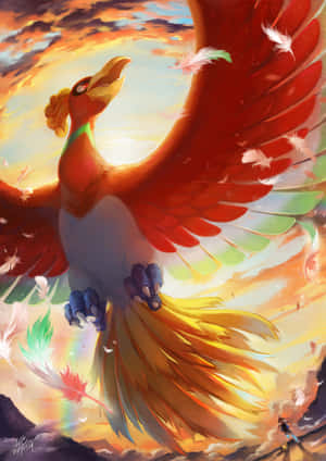Ho-oh Flying Against Sunset Sky Wallpaper