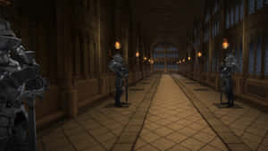 Hogwarts_ Corridor_ Guarded_by_ Armor Wallpaper