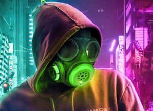 Hooded Figurein Gas Mask Cyberpunk Setting Wallpaper