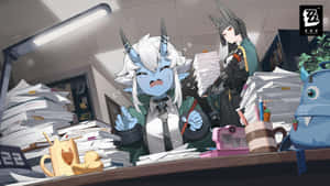 Hoshimi Miyabi Office Chaos Wallpaper