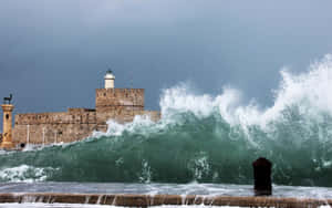 Huge Waves And Castle Wallpaper