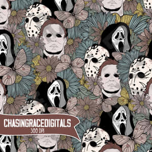 Iconic Horror Masks Floral Pattern Wallpaper