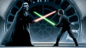 Iconic Scene In Return Of The Jedi With Luke Skywalker And Darth Vader Wallpaper