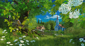 Idyllic Cottage Scene Painting Wallpaper