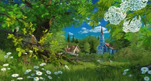 Idyllic Cottage Scene Painting Wallpaper