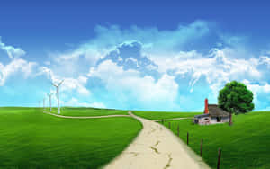 Idyllic Green Landscapewith Windmills Wallpaper