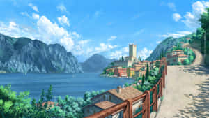 Idyllic Lakeside Town Artwork Wallpaper