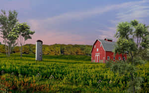 Idyllic Red Farmhouseat Sunset Wallpaper