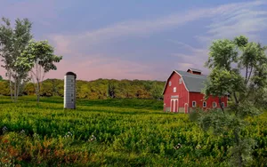 Idyllic Red Farmhouseat Sunset Wallpaper