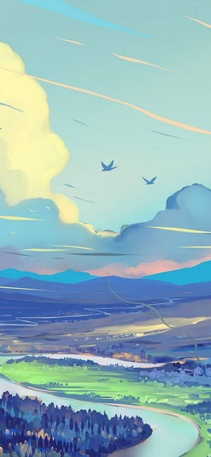 Illustrated Pastel Landscape Iphone Amoled Wallpaper