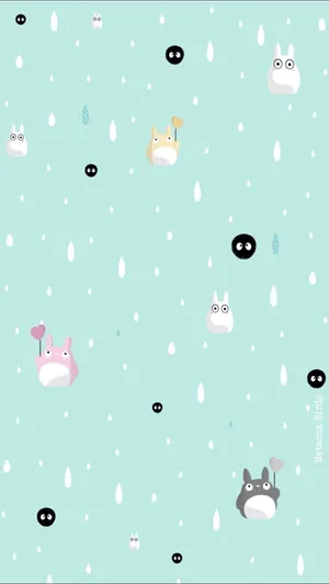 Image Cute Blue Totoro & Mushroom Pattern Wallpaper
