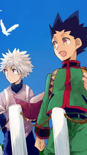 Image Gon And Killua Embracing Each Other Against A Background Of Colorful Stars Wallpaper