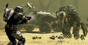 Intense Battle Scene Against The Flood In Halo Wallpaper