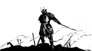 Intense Black And White Samurai In Battle Stance Wallpaper