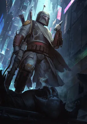 Intense Bounty Hunters Ready For Action Wallpaper